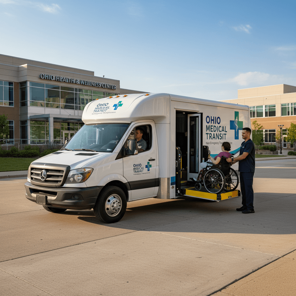 A medical transportation van with wheelchair access on an Ohio city street.