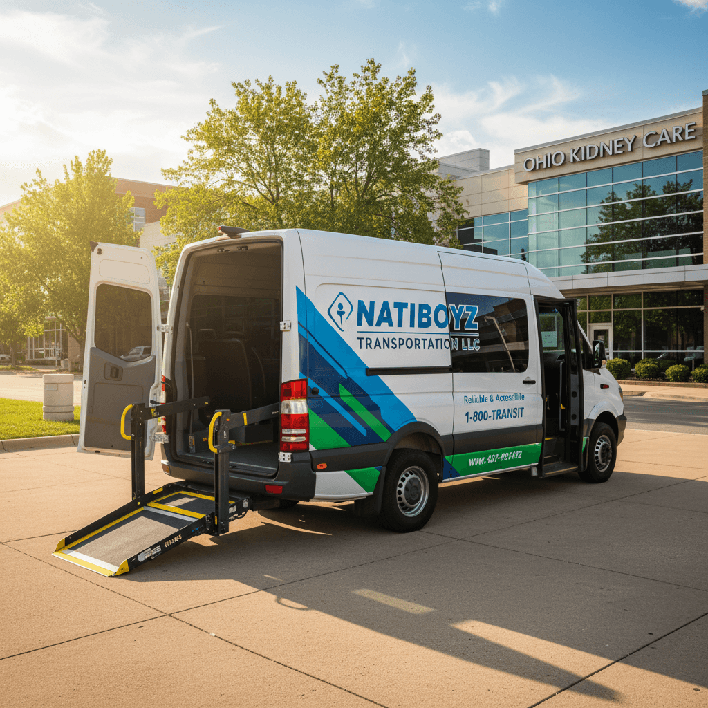 Wheelchair-accessible van with lift for medical transportation in urban setting