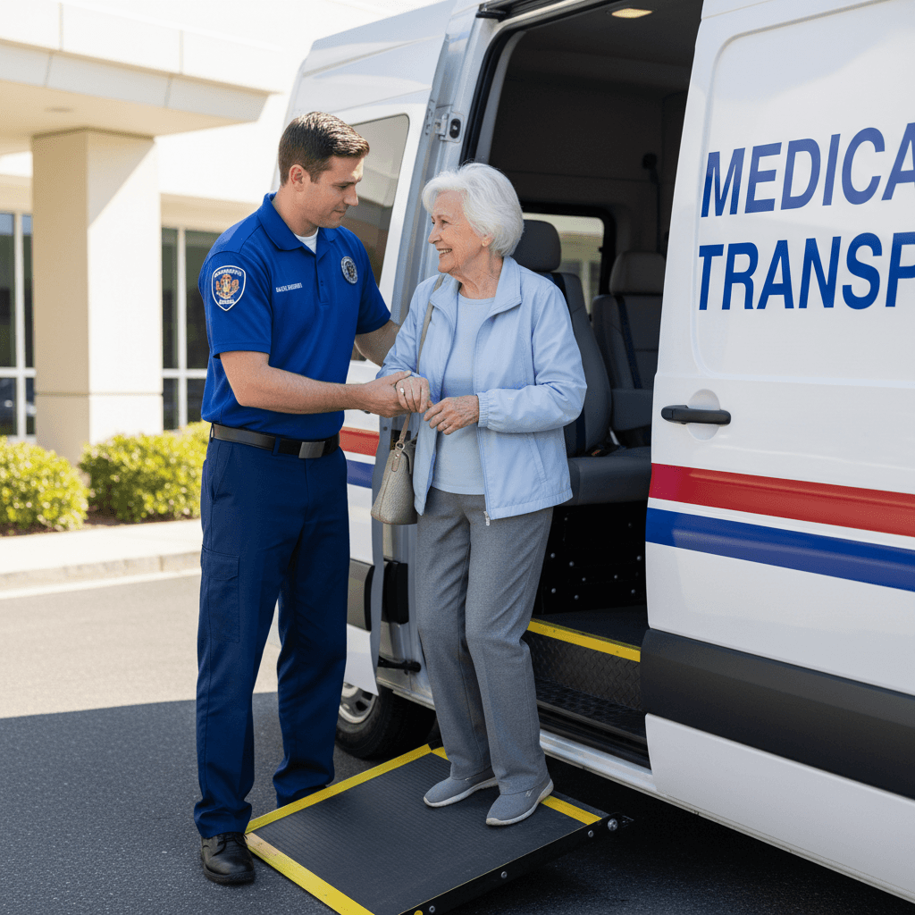 Medical transportation driver helping patient enter vehicle safely