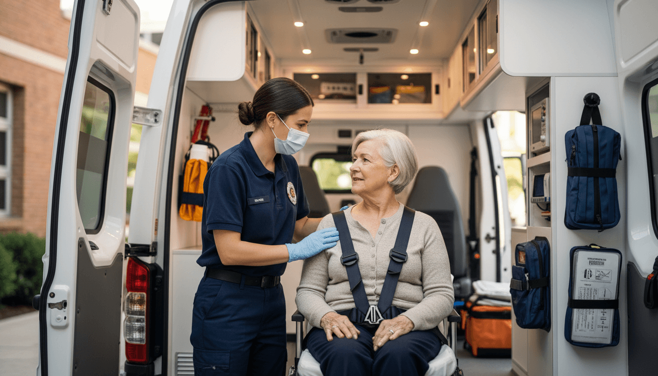 Professional medical transportation driver helping patient into vehicle